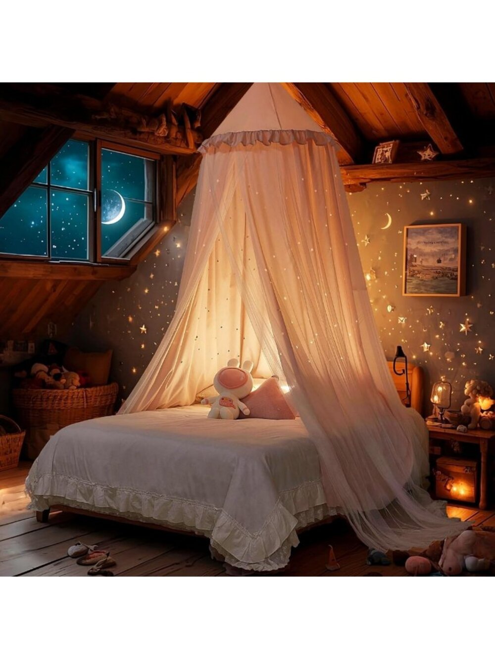 Double Layer Princess Bed Canopy for Girls - Fairy Tent with Cutout Stars, Pink